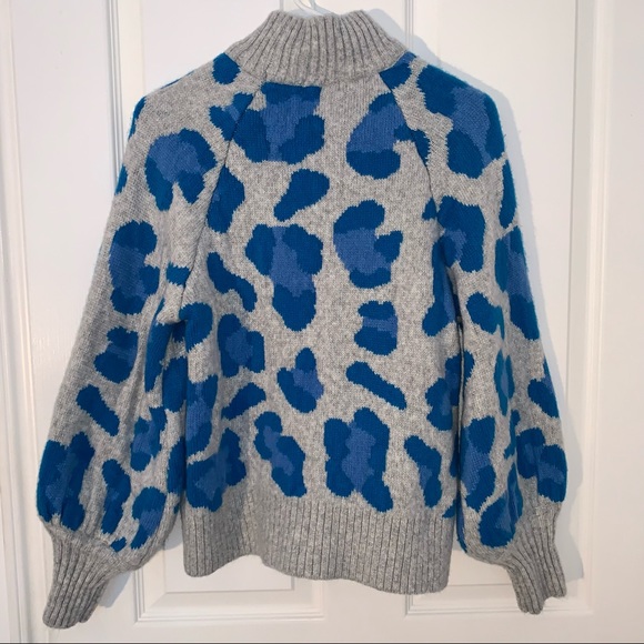 H&M Balloon Sleeve Wool Blend Crewneck sweater Unique Blue Grey Leopard Print - Picture 5 of 5